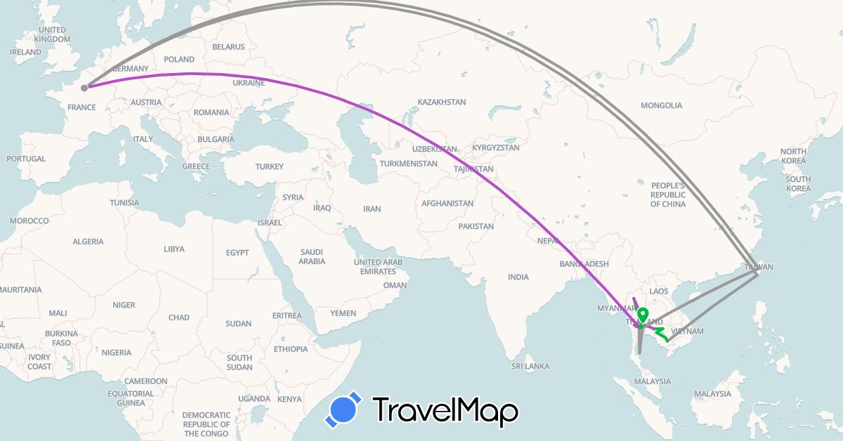 TravelMap itinerary: bus, plane, train in France, Cambodia, Thailand, Taiwan (Asia, Europe)
