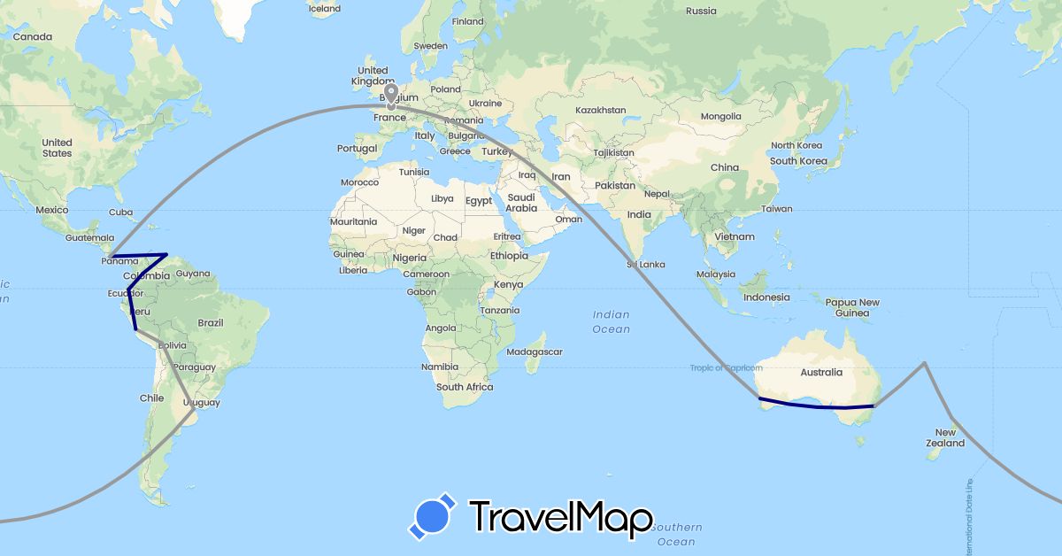 TravelMap itinerary: driving, plane in Argentina, Australia, Bolivia, Colombia, Costa Rica, Ecuador, France, New Caledonia, New Zealand, Peru, Venezuela (Europe, North America, Oceania, South America)